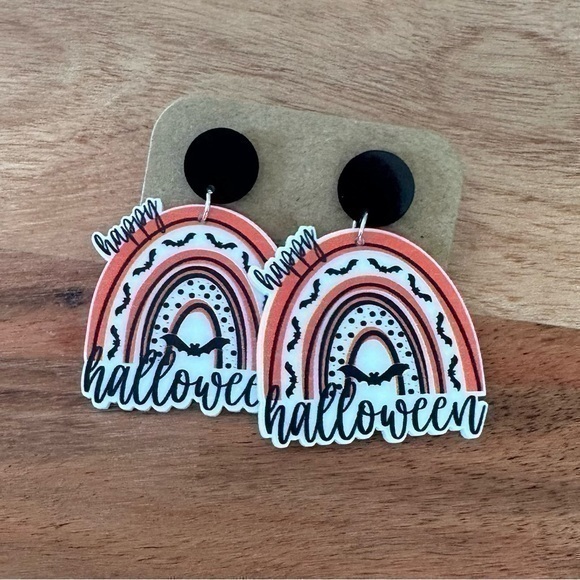 Jewelry - NEW! Boutique Happy Halloween rainbow earrings with bats